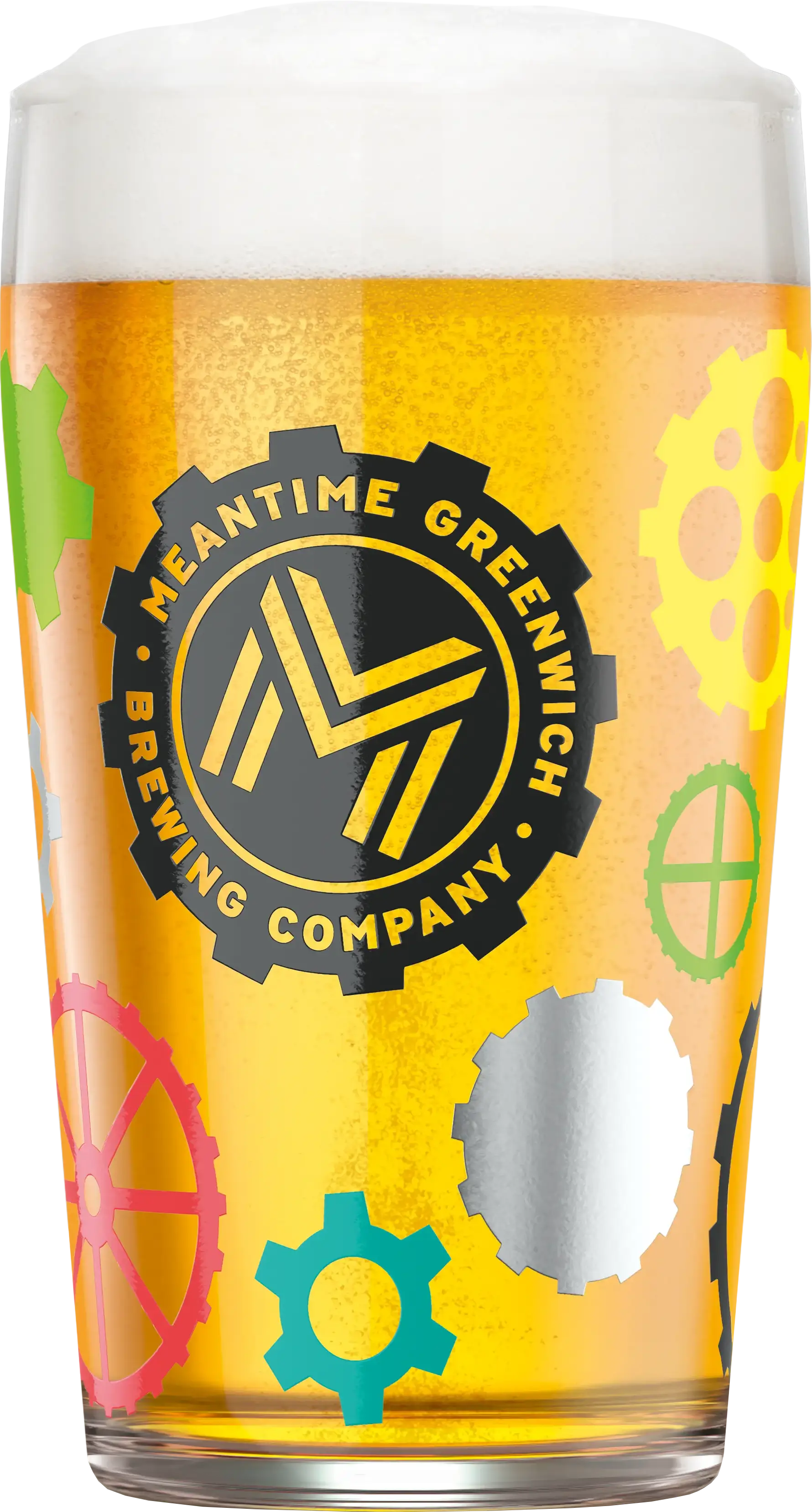 A graphic of a pint of Meantime with a prominent brand logo showing