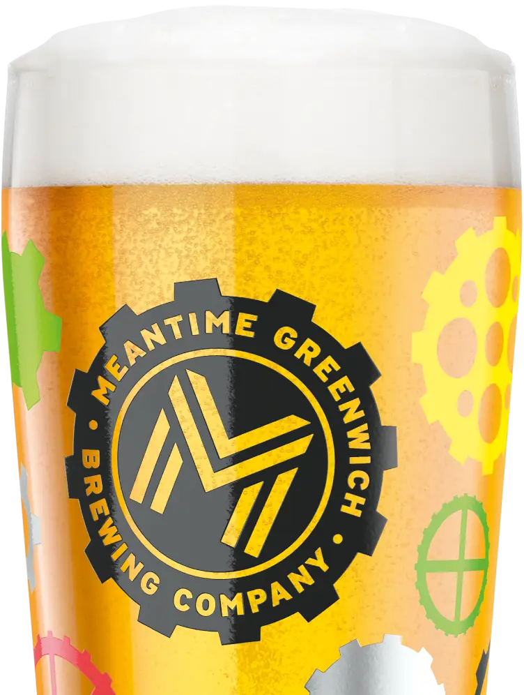 A graphic of a pint of Meantime with a prominent brand logo showing